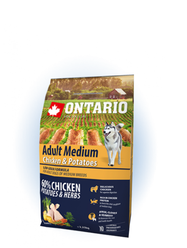 Ontario Adult Medium Chicken&Potatoes Сухой корм для взрослых собак средних пород, с курицей и картофелем, 2.25 кг.