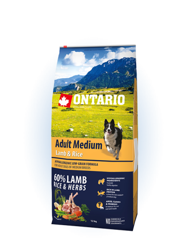 Ontario Adult Medium Lamb&Rice  Сухой корм для взрослых собак средних пород, с бараниной и рисом,12 кг.