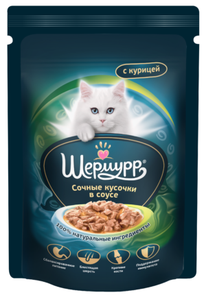ШЕРМУРР Корм консервированный для взрослых кошек "Сочные кусочки в соусе с курицей" 85гр